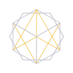 A geometric shape with intersecting yellow and grey lines.